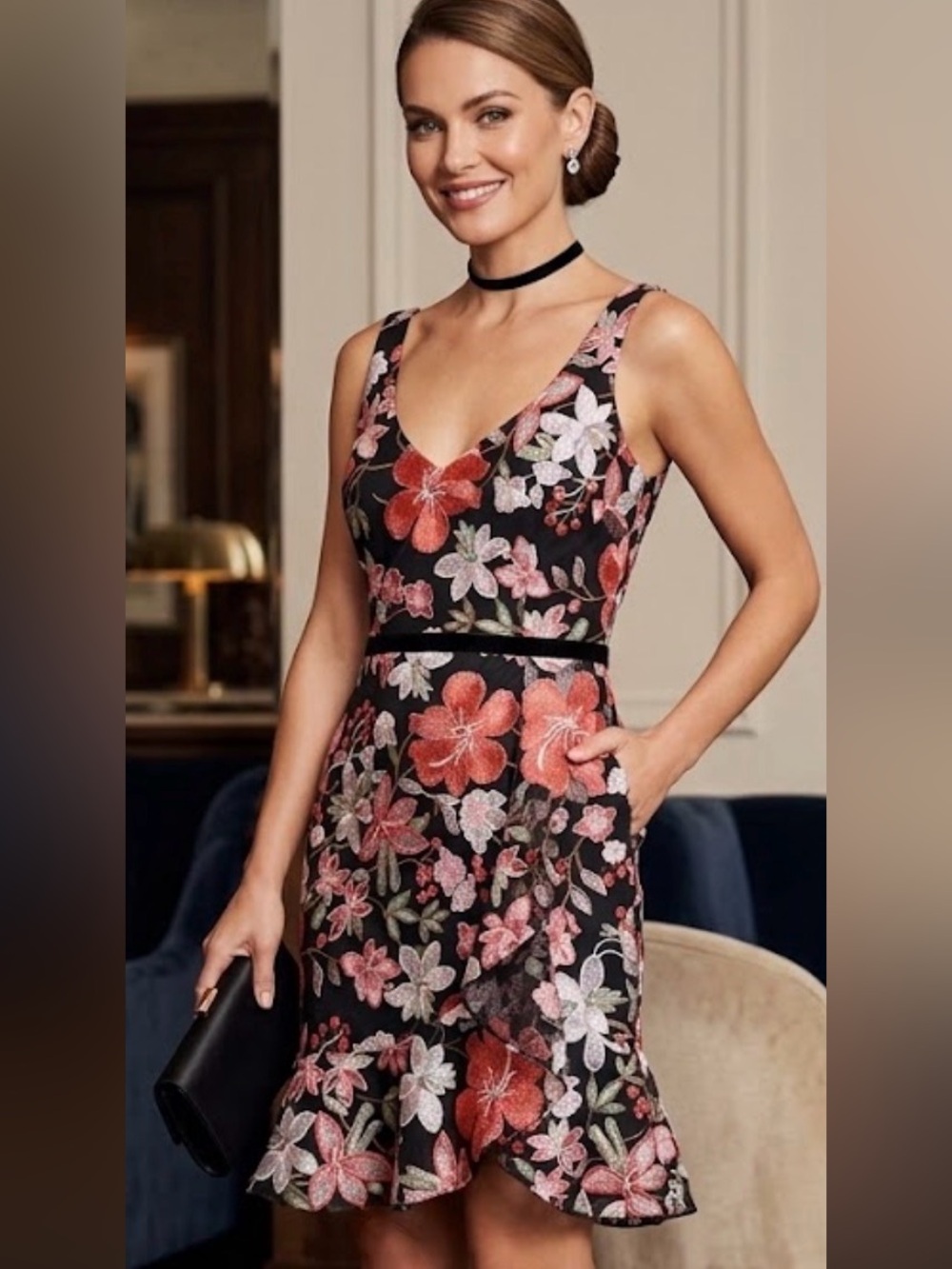 Sam Edelman Black One-Piece Bodysuit with Red, Pink and White Floral Embroidery